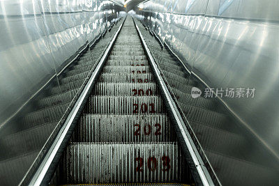 Upward perspective of a Tianmen Mountain Escalator numbered stairs in Zhangjiajie (张家界),  Hunan (湖南省), China